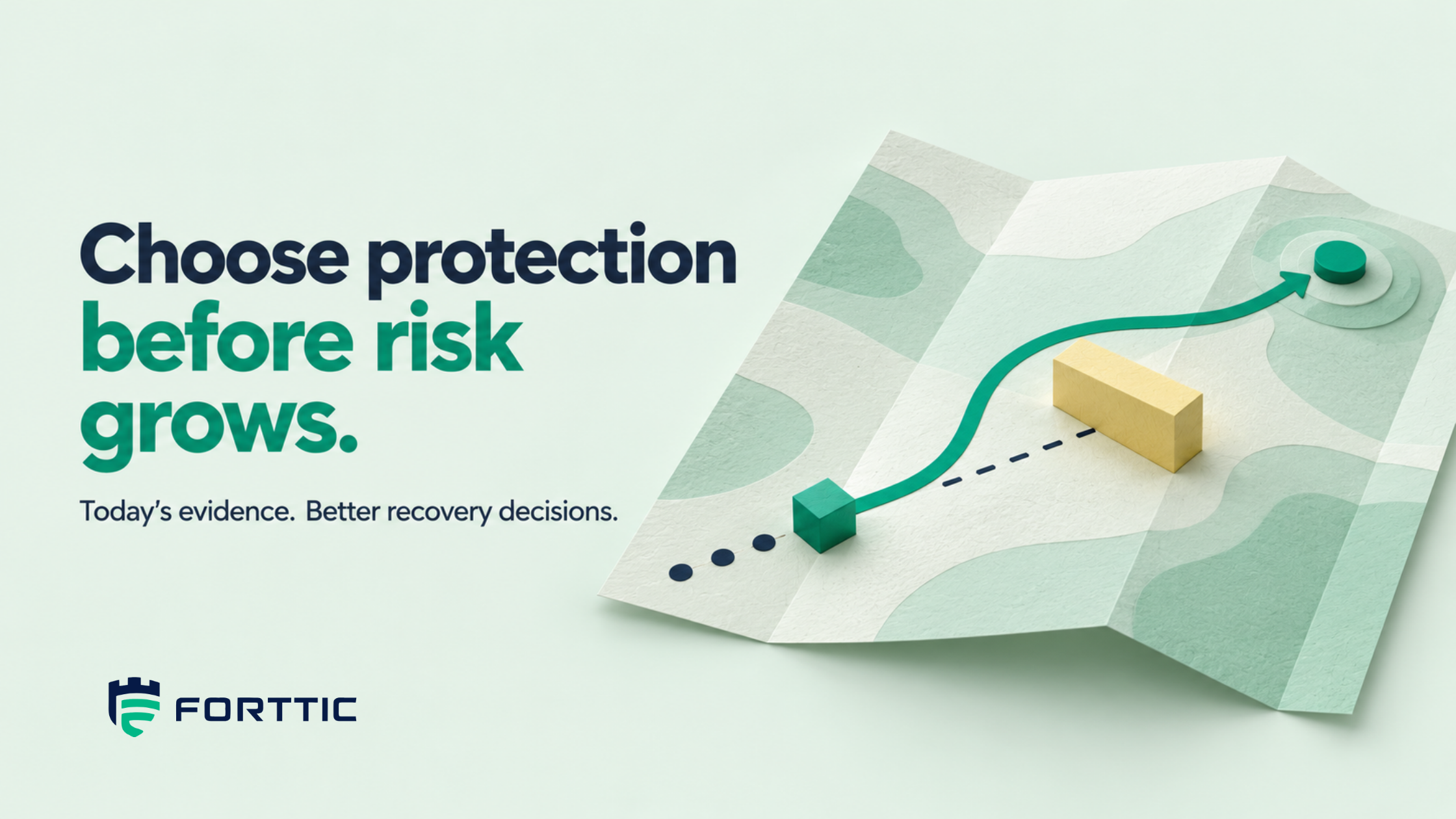 A route map highlights a constraint ahead and an alternative recovery path, illustrating evidence-led protection planning.